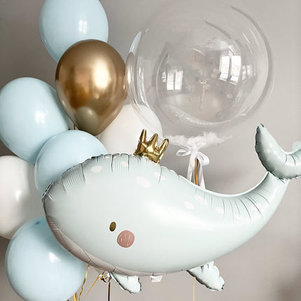 Large Regal Blue Whale Balloon with Crown - Nautical Delight for Baby Showers and Birthdays