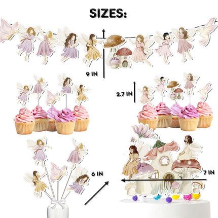 Storybook Fairy Party Decor Set - Magical Cake Topper, Cupcake Toppers, Centerpieces & Banner for Enchanted Baby Showers and Birthdays