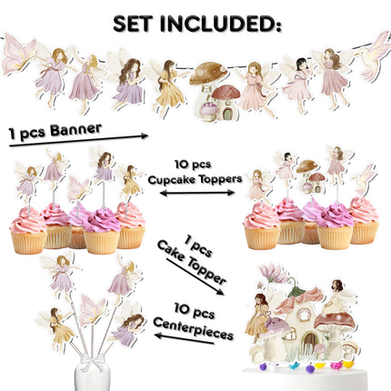 Storybook Fairy Party Decor Set - Magical Cake Topper, Cupcake Toppers, Centerpieces & Banner for Enchanted Baby Showers and Birthdays