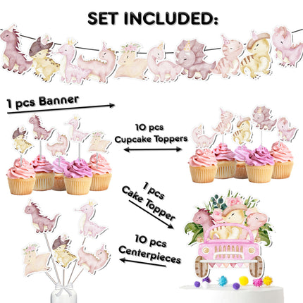 Pink Dinosaur Party Decor Set - Cute Cake Topper, Cupcake Toppers, Centerpieces & Banner for Baby Shower and Birthday Celebrations