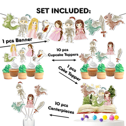 Enchanted Princess, Dragons, and Knight Party Decor Set - Magical Cake Topper, Cupcake Toppers, Centerpieces & Banner for Baby Showers and Birthdays