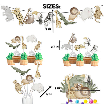 Complete Jungle Animals Party Decor Set - Adventure Awaits with Cake Topper, Cupcake Toppers, Centerpieces & Banner for Baby Showers and Birthdays