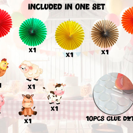 5 Pcs Farm Animals Tissue Hanging Fans Set, 12-Inch, Perfect for Birthday Parties & Baby Showers - Colorful Decorations