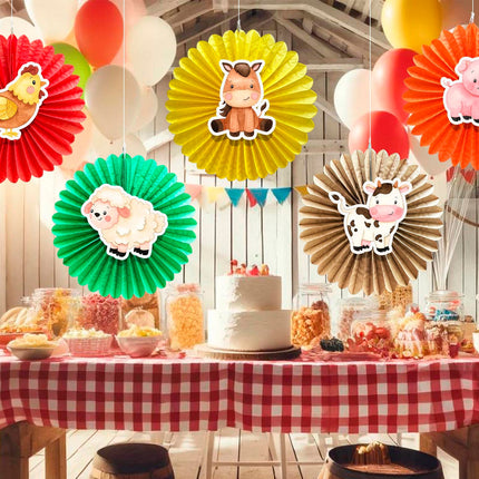 5 Pcs Farm Animals Tissue Hanging Fans Set, 12-Inch, Perfect for Birthday Parties & Baby Showers - Colorful Decorations