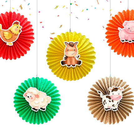 5 Pcs Farm Animals Tissue Hanging Fans Set, 12-Inch, Perfect for Birthday Parties & Baby Showers - Colorful Decorations
