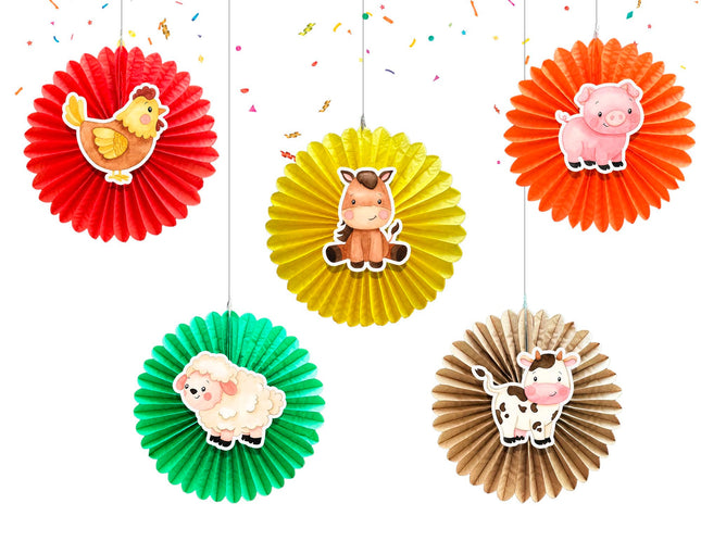 5 Pcs Farm Animals Tissue Hanging Fans Set, 12-Inch, Perfect for Birthday Parties & Baby Showers - Colorful Decorations