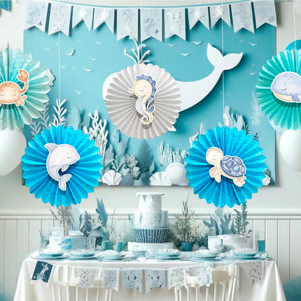 5 Pcs Ocean Pastel Tissue Hanging Fans Set, 12-Inch, Ideal for Sea-Themed Birthday Parties & Baby Showers