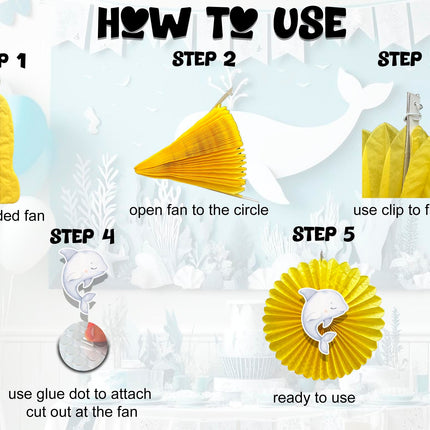 5 Pcs Ocean Pastel Tissue Hanging Fans Set, 12-Inch, Ideal for Sea-Themed Birthday Parties & Baby Showers