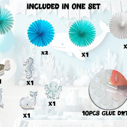 5 Pcs Ocean Pastel Tissue Hanging Fans Set, 12-Inch, Perfect for Underwater-Themed Celebrations & Baby Showers
