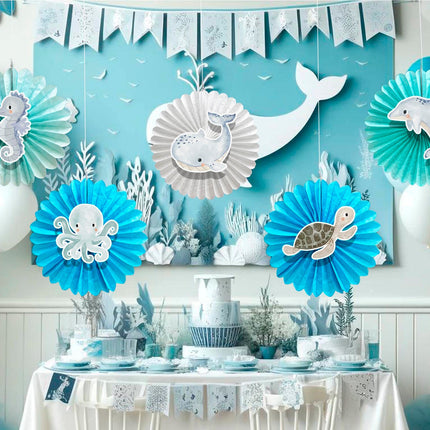 5 Pcs Ocean Pastel Tissue Hanging Fans Set, 12-Inch, Perfect for Underwater-Themed Celebrations & Baby Showers