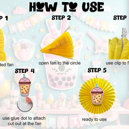 5 Pcs Boba Milk Tea Tissue Hanging Fans Set, 12-Inch, Perfect for Tea Party Birthday Celebrations & Baby Showers