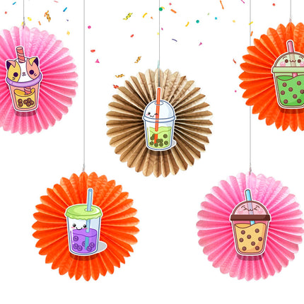 5 Pcs Boba Milk Tea Tissue Hanging Fans Set, 12-Inch, Perfect for Tea Party Birthday Celebrations & Baby Showers