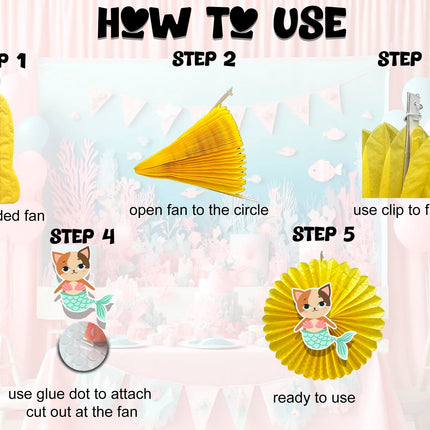 5 Pcs Mermaid Cat Tissue Hanging Fans Set, 12-Inch, Perfect for Whimsical Underwater-Themed Birthday Parties & Baby Showers