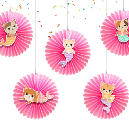 5 Pcs Mermaid Cat Tissue Hanging Fans Set, 12-Inch, Perfect for Whimsical Underwater-Themed Birthday Parties & Baby Showers