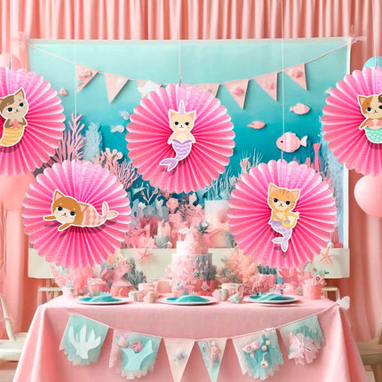 5 Pcs Mermaid Cat Tissue Hanging Fans Set, 12-Inch, Perfect for Whimsical Underwater-Themed Birthday Parties & Baby Showers