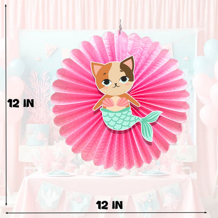5 Pcs Mermaid Cat Tissue Hanging Fans Set, 12-Inch, Perfect for Whimsical Underwater-Themed Birthday Parties & Baby Showers