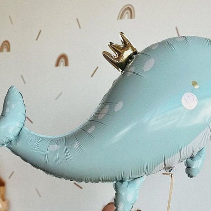 Large Regal Blue Whale Balloon with Crown - Nautical Delight for Baby Showers and Birthdays