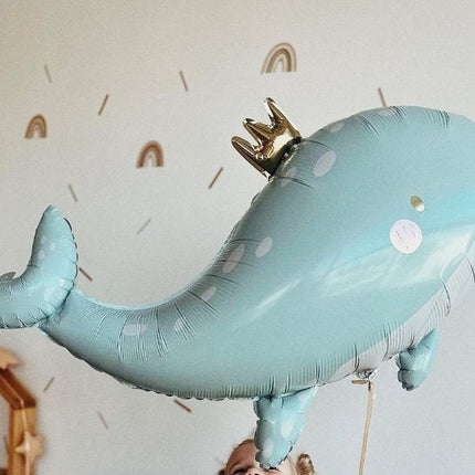 Large Regal Blue Whale Balloon with Crown - Nautical Delight for Baby Showers and Birthdays