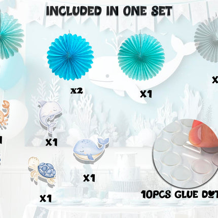 5 Pcs Ocean Pastel Tissue Hanging Fans Set, 12-Inch, Ideal for Sea-Themed Birthday Parties & Baby Showers