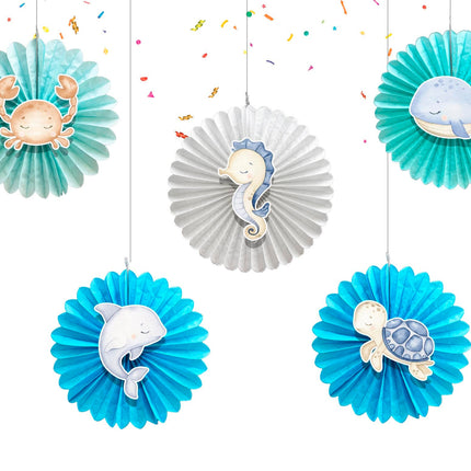 5 Pcs Ocean Pastel Tissue Hanging Fans Set, 12-Inch, Ideal for Sea-Themed Birthday Parties & Baby Showers