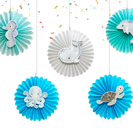 5 Pcs Ocean Pastel Tissue Hanging Fans Set, 12-Inch, Perfect for Underwater-Themed Celebrations & Baby Showers