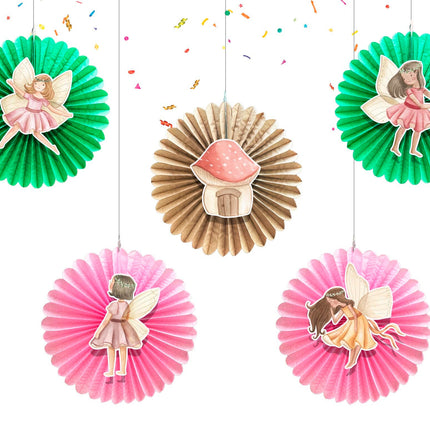 5 Pcs Fairy Pastel Tissue Hanging Fans Set, 12-Inch, Perfect for Magical Fairy-Themed Birthday Parties & Baby Showers