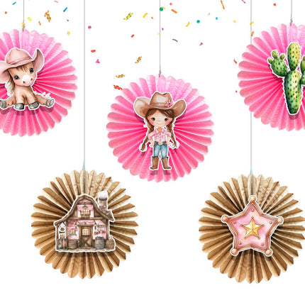5 Pcs Cowgirl Tissue Hanging Fans Set, 12-Inch, Perfect for Western-Themed Birthday Parties & Baby Showers
