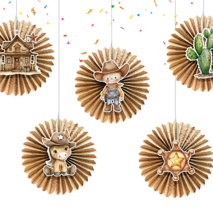 5 Pcs Cowboy Tissue Hanging Fans Set, 12-Inch, Ideal for Western-Themed Birthday Parties & Baby Showers