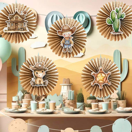 5 Pcs Cowboy Tissue Hanging Fans Set, 12-Inch, Ideal for Western-Themed Birthday Parties & Baby Showers