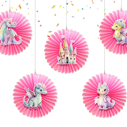 5 Pcs Pink Dragons Tissue Hanging Fans Set, 12-Inch, Perfect for Fantasy-Themed Birthday Parties & Baby Showers
