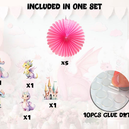5 Pcs Pink Dragons Tissue Hanging Fans Set, 12-Inch, Perfect for Fantasy-Themed Birthday Parties & Baby Showers