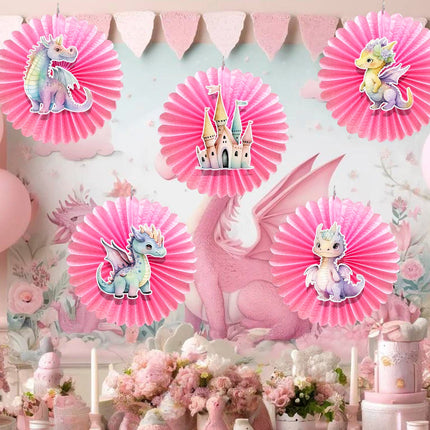 5 Pcs Pink Dragons Tissue Hanging Fans Set, 12-Inch, Perfect for Fantasy-Themed Birthday Parties & Baby Showers
