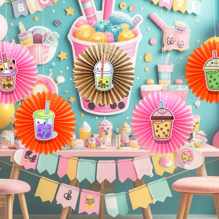 5 Pcs Boba Milk Tea Tissue Hanging Fans Set, 12-Inch, Perfect for Tea Party Birthday Celebrations & Baby Showers