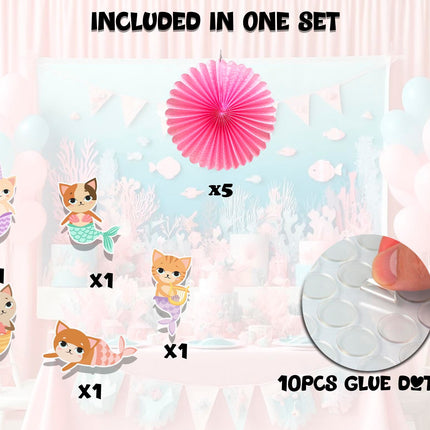 5 Pcs Mermaid Cat Tissue Hanging Fans Set, 12-Inch, Perfect for Whimsical Underwater-Themed Birthday Parties & Baby Showers