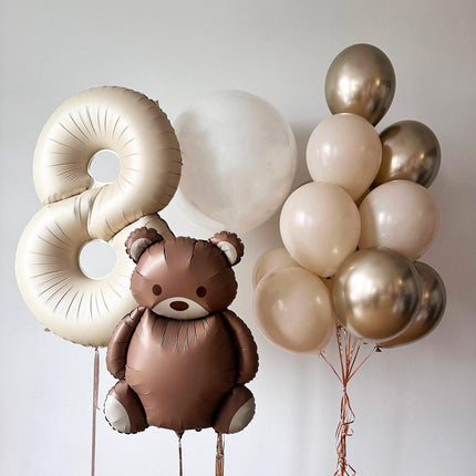 Chic Bear and Number Balloon Set in Neutral Tones for Birthday Parties, Baby Showers, and Elegant Celebrations