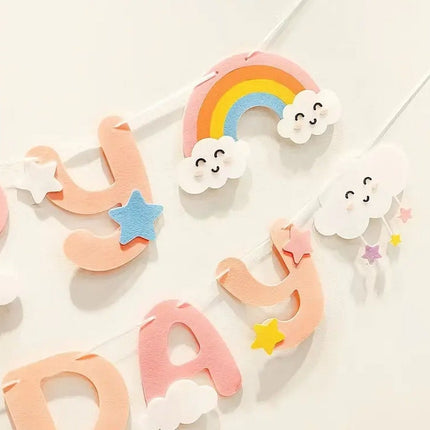 Whimsical Groovy 'Happy Birthday' Banner with Clouds, Sun, and Rainbow Accents - Perfect for Kids' Parties