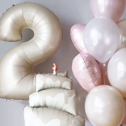Sophisticated '2' and Cake Balloon Set in Cream and Gold - Perfect for Second Birthdays and Anniversary Parties