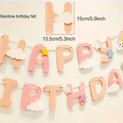 Whimsical Groovy 'Happy Birthday' Banner with Clouds, Sun, and Rainbow Accents - Perfect for Kids' Parties