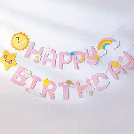 Whimsical Groovy 'Happy Birthday' Banner with Clouds, Sun, and Rainbow Accents - Perfect for Kids' Parties