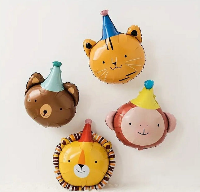 4-Piece Jungle Safari Balloon Set - Party Hat Adorned Lion, Bear, Tiger, and Monkey for Kids' Birthday Decorations
