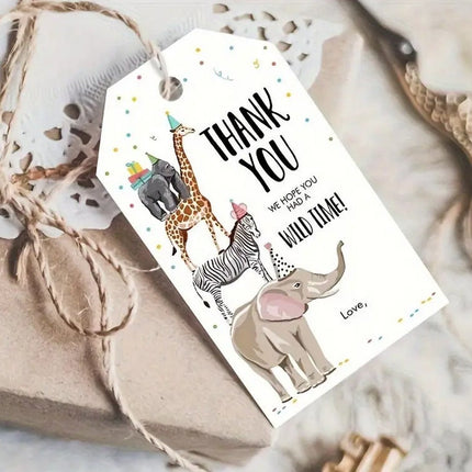 Set of 10 Jungle Animal Thank You Tags - Safari Party Favor Tags with Giraffe, Elephant, Zebra - Kids Birthday Party Decorations