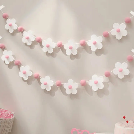 White Flower and Pink Pom Pom Garland – Party Banner for Baby Shower, Birthday, and Nursery Decor