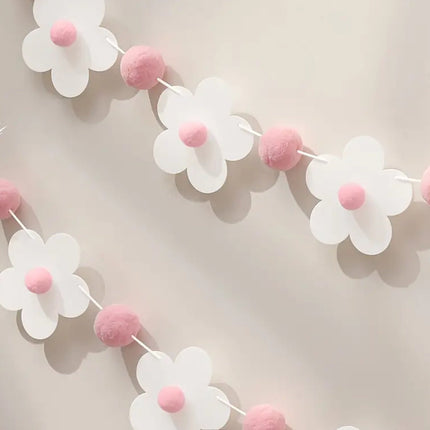 White Flower and Pink Pom Pom Garland – Party Banner for Baby Shower, Birthday, and Nursery Decor