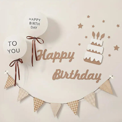 Neutral Happy Birthday Decoration Set – 7pcs Rustic Banner and Balloon Set for Birthday Partie