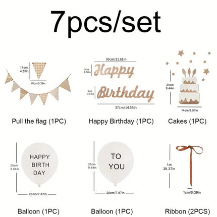 Neutral Happy Birthday Decoration Set – 7pcs Rustic Banner and Balloon Set for Birthday Partie