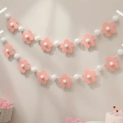 Pink Flower and Pom Pom Garland – Baby Shower, Birthday, and Nursery Decor Banner