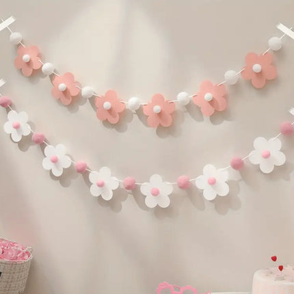 White Flower and Pink Pom Pom Garland – Party Banner for Baby Shower, Birthday, and Nursery Decor