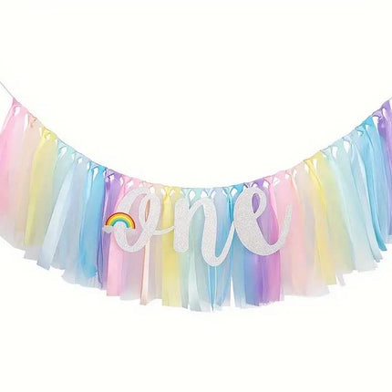 Rainbow Tulle High Chair Skirt with Glitter "One" Sign, First Birthday Party Decorations