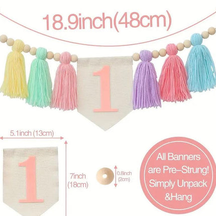 Rainbow Tulle High Chair Skirt with Glitter "One" Sign, First Birthday Party Decorations