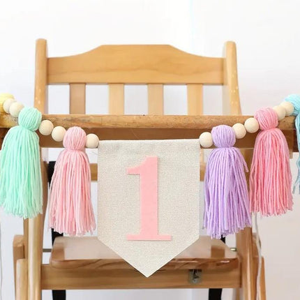 Rainbow Tulle High Chair Skirt with Glitter "One" Sign, First Birthday Party Decorations